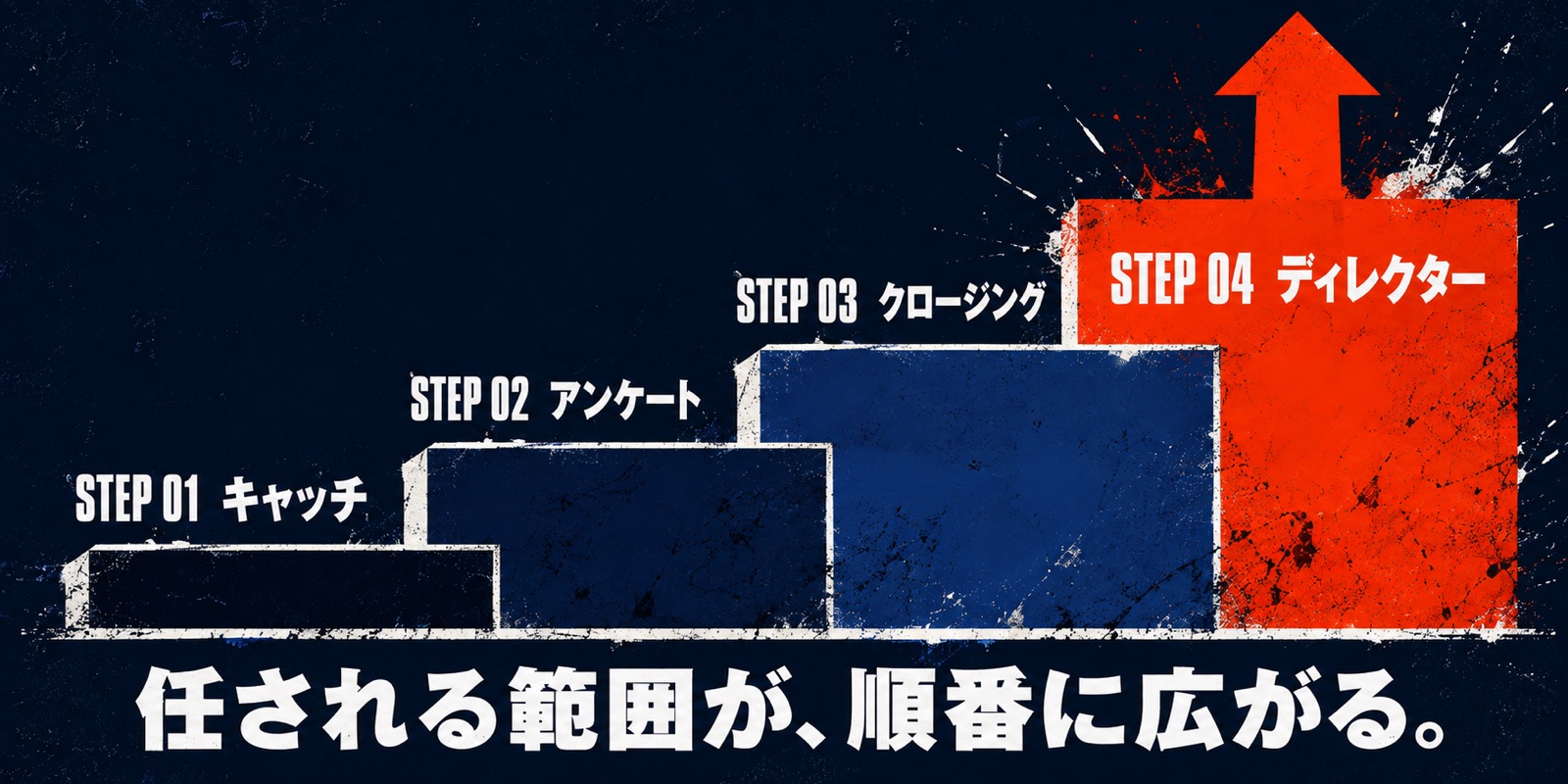 キャッチからディレクターへ段階的に任される範囲が広がる図